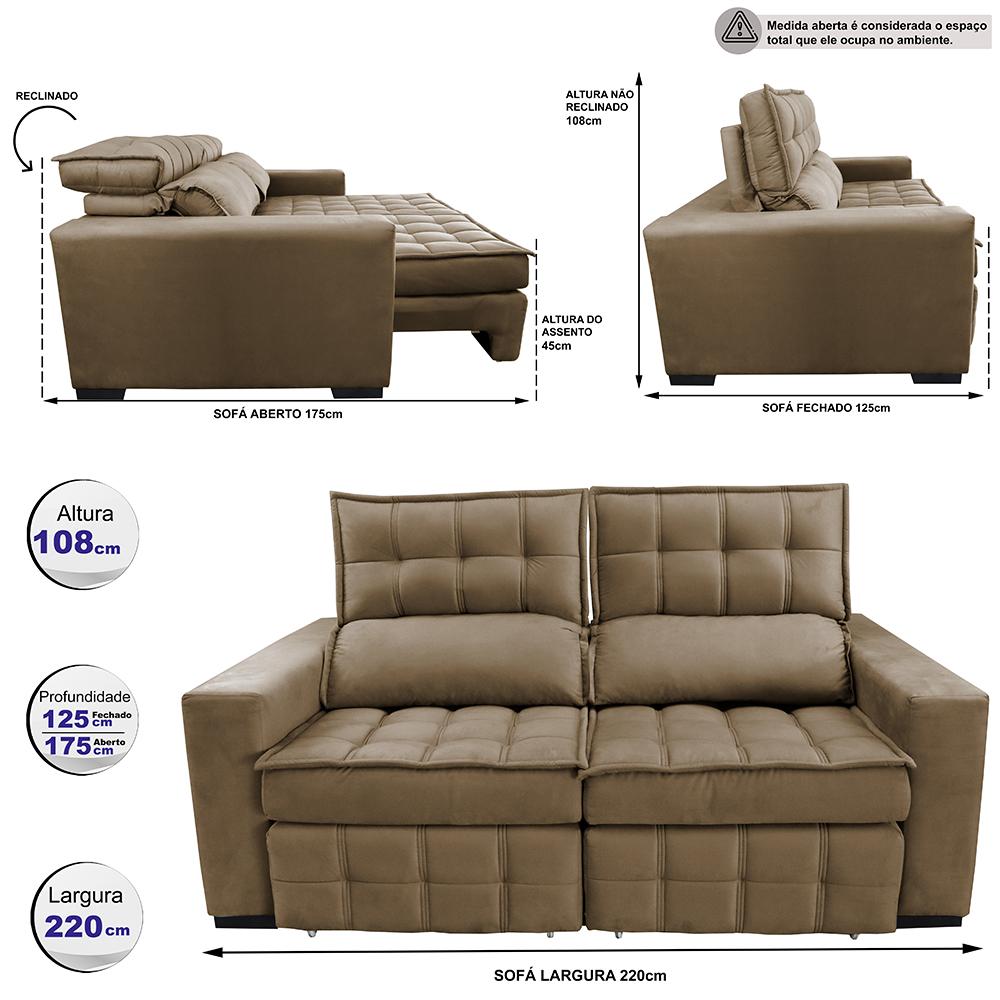 Sofá Retrátil e Reclinável 2,20m Molas Ensacadas e Costura Tripla Cama inBox Nobre Suede Castor