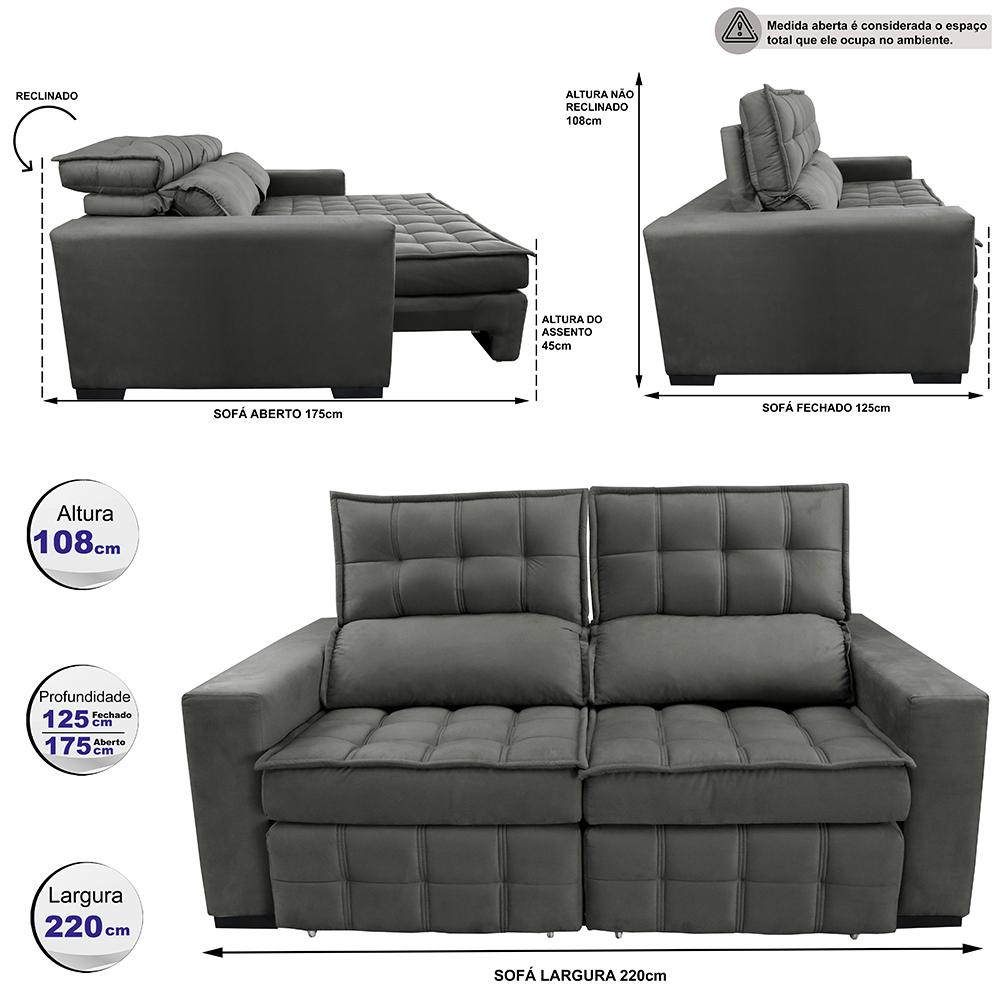 Sofá Retrátil e Reclinável 2,20m Molas Ensacadas e Costura Tripla Cama inBox Nobre Suede Cinza