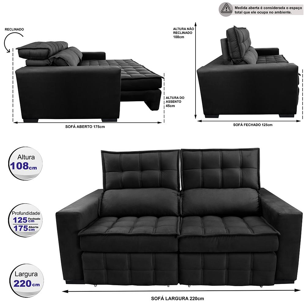 Sofá Retrátil e Reclinável 2,20m Molas Ensacadas e Costura Tripla Cama inBox Nobre Suede Preto
