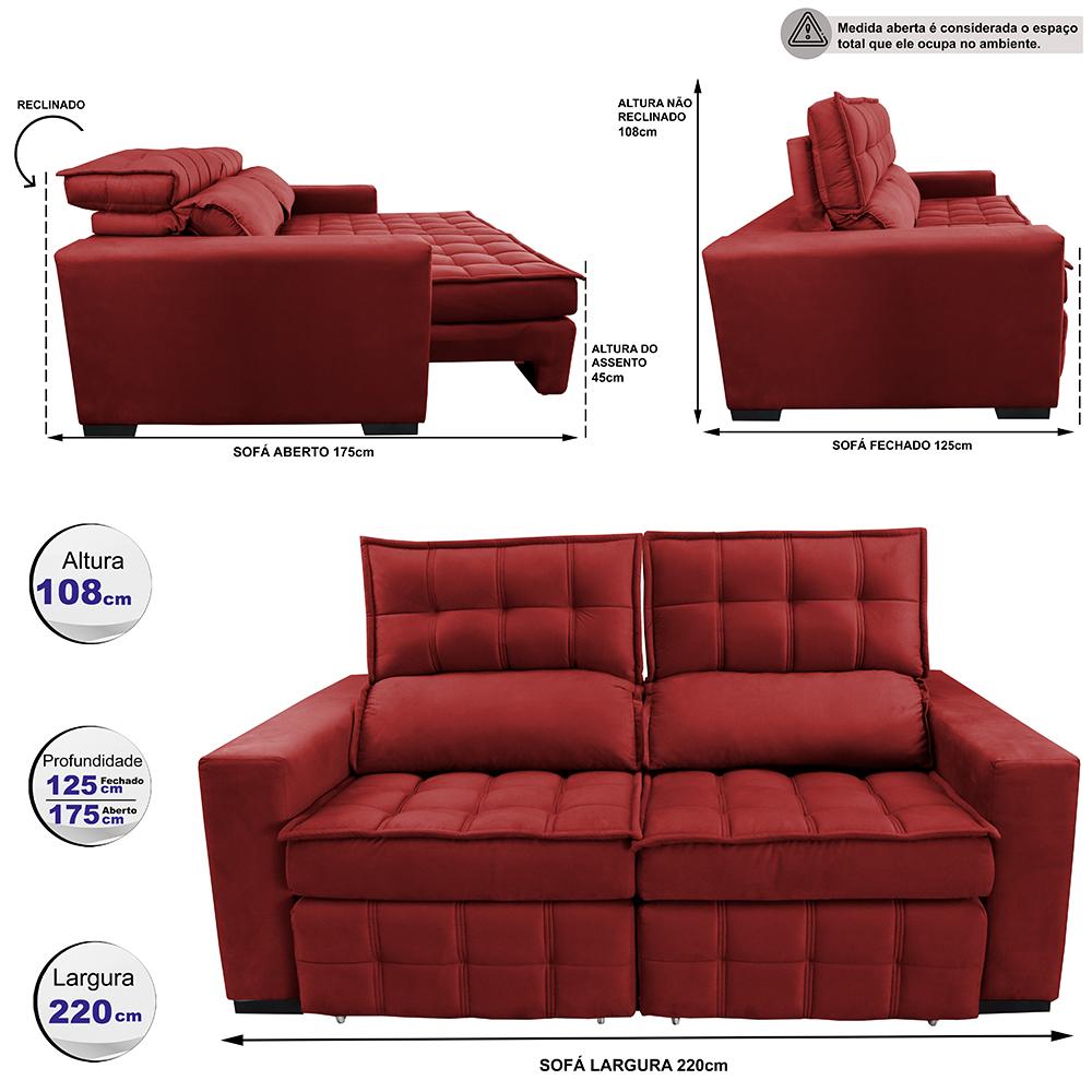 Sofá Retrátil e Reclinável 2,20m Molas Ensacadas e Costura Tripla Cama inBox Nobre Suede Vermelho