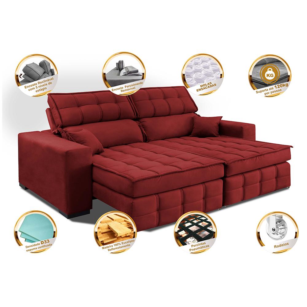 Sofá Retrátil e Reclinável 2,20m Molas Ensacadas e Costura Tripla Cama inBox Nobre Suede Vermelho