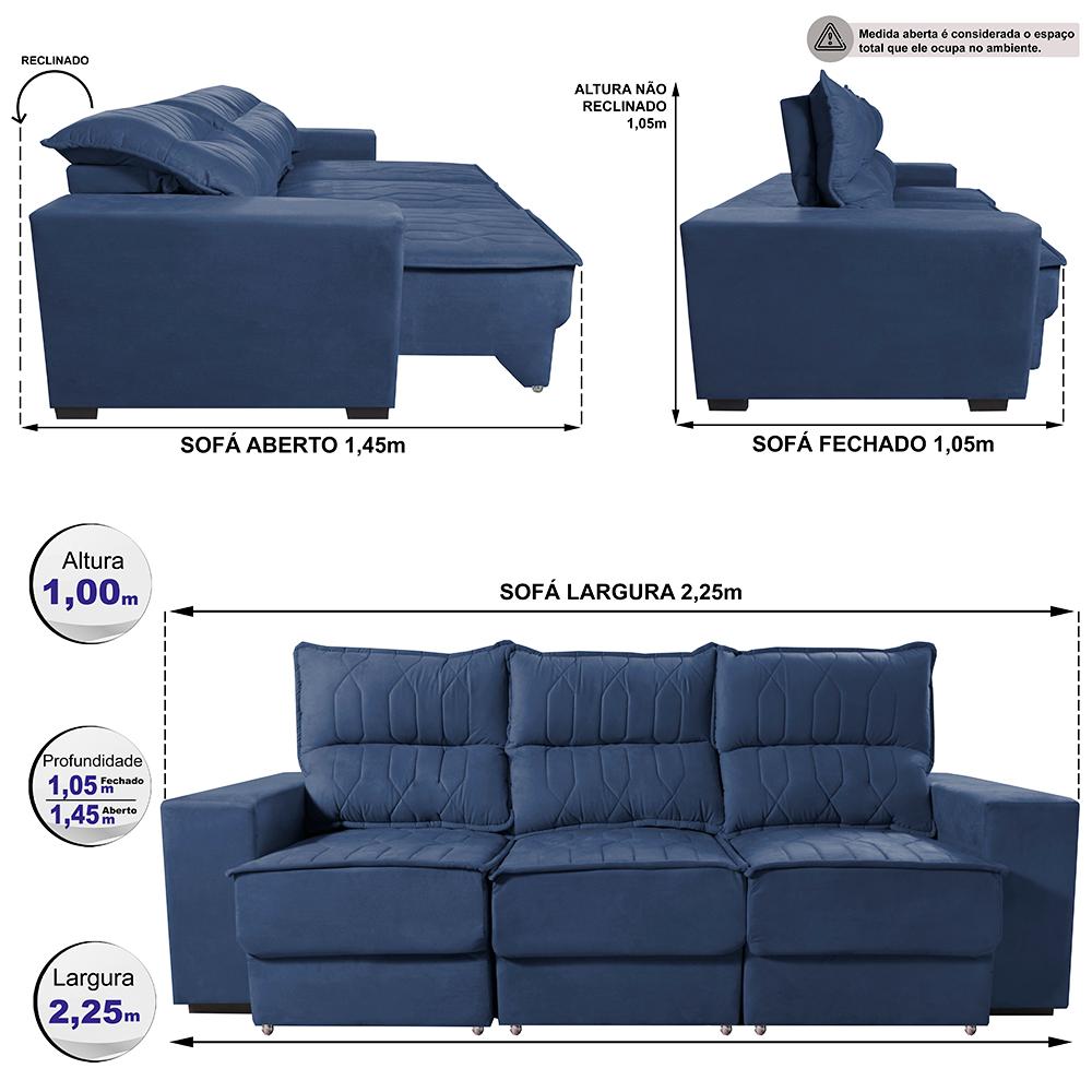 Sofá Retrátil e Reclinável 2,25m Cama inBox Canadá com Molas Velusoft Azul