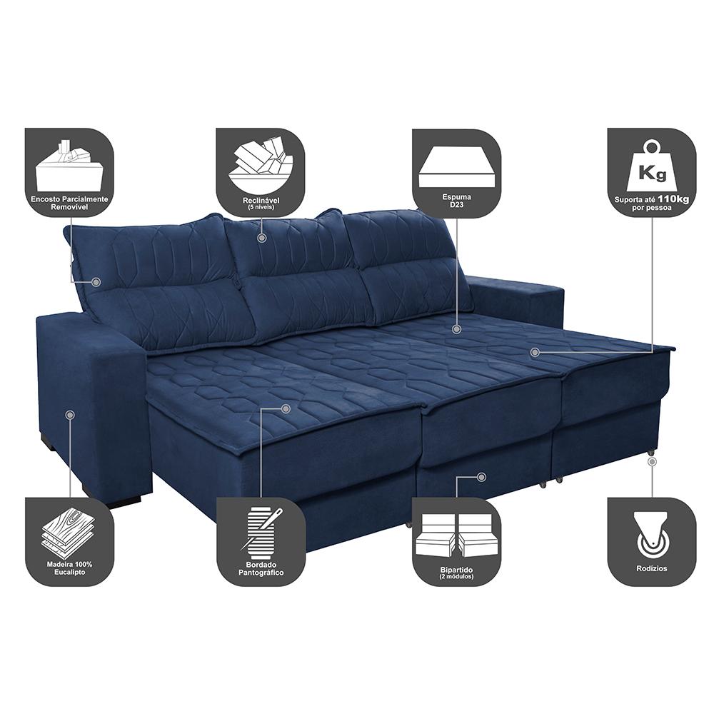 Sofá Retrátil e Reclinável 2,25m Cama inBox Canadá com Molas Velusoft Azul
