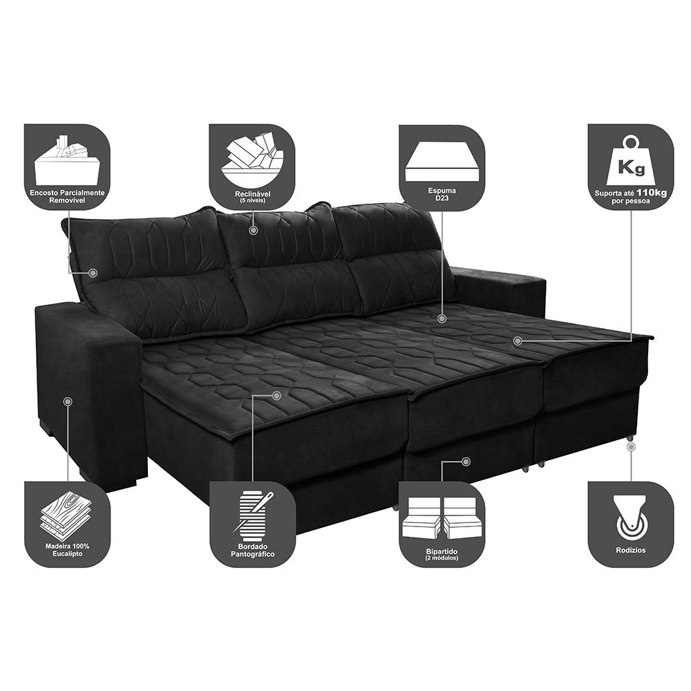 Sofá Retrátil e Reclinável 2,25m Cama inBox Canadá com Molas Velusoft Preto