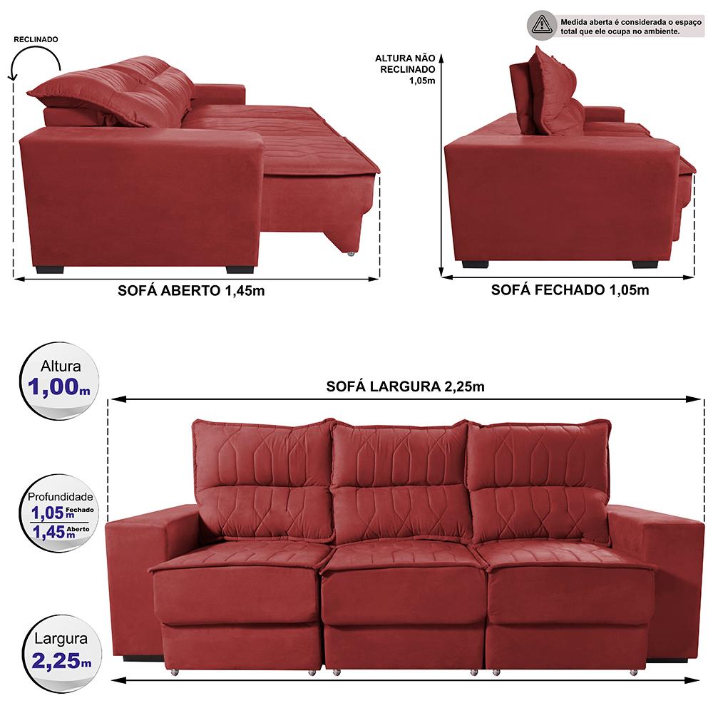 Sofá Retrátil e Reclinável 2,25m Cama inBox Canadá com Molas Velusoft Vermelho