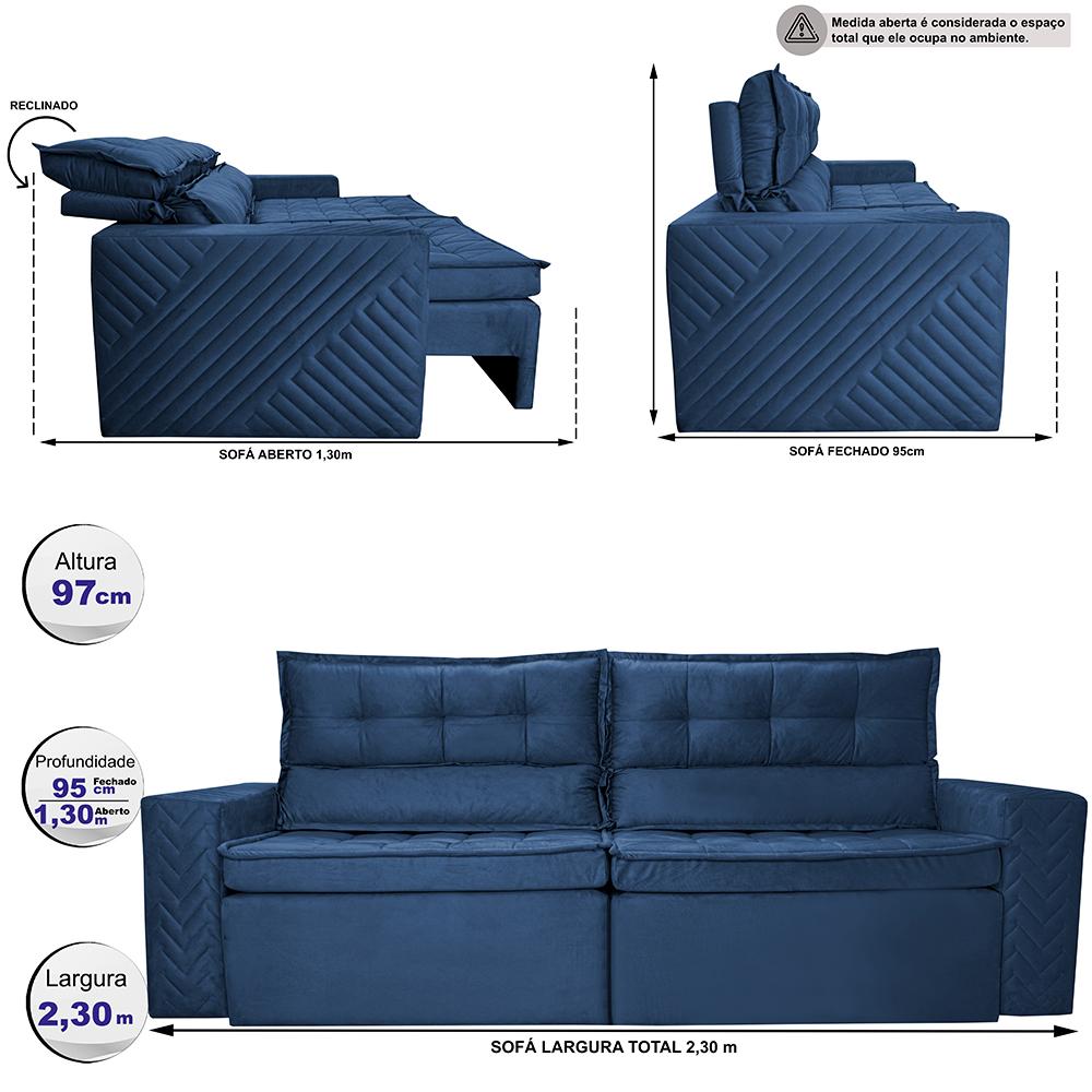 Sofá Retrátil e Reclinável 2,30m Cama inBox Charm Velusoft Azul