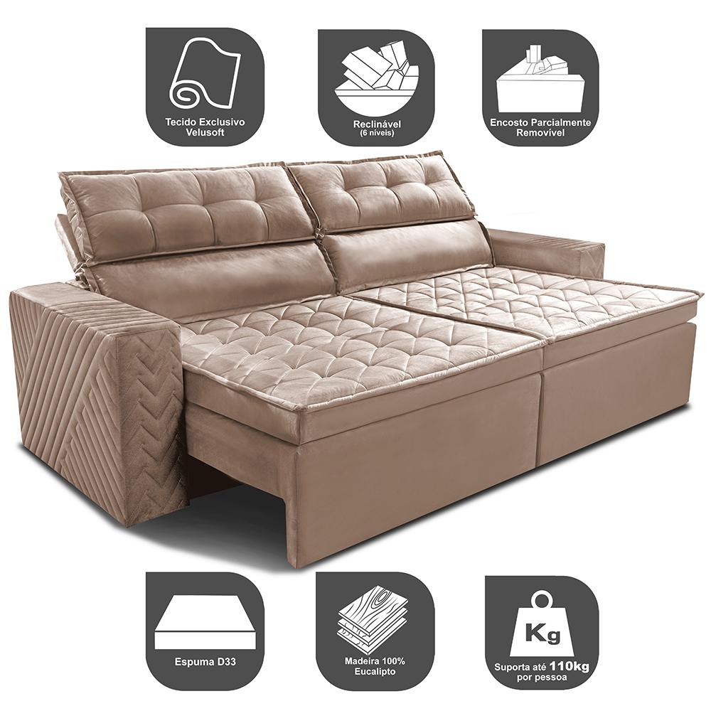 Sofá Retrátil e Reclinável 2,30m Cama inBox Charm Velusoft Bege