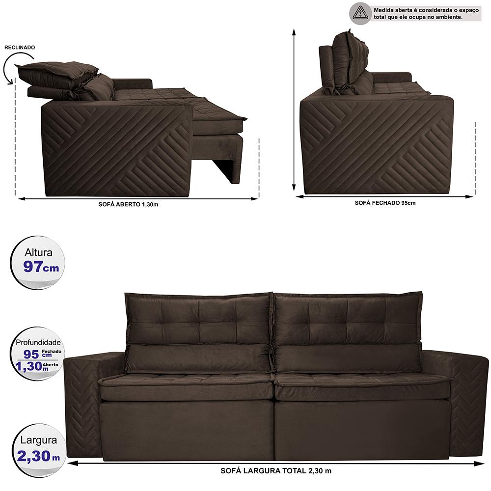 Sofá Retrátil e Reclinável 2,30m Cama inBox Charm Velusoft Café