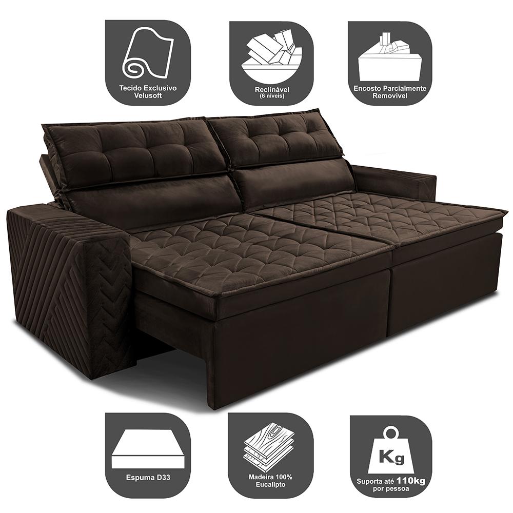 Sofá Retrátil e Reclinável 2,30m Cama inBox Charm Velusoft Café