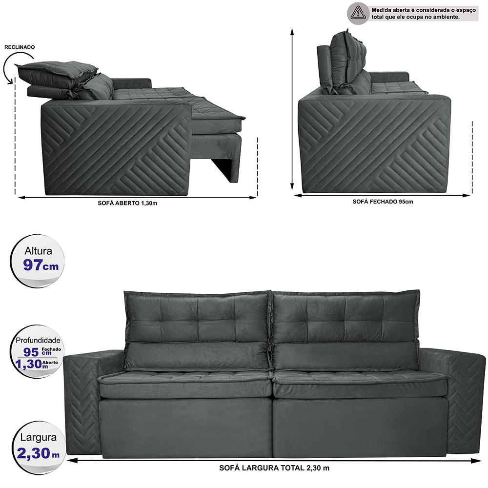 Sofá Retrátil e Reclinável 2,30m Cama inBox Charm Velusoft Cinza
