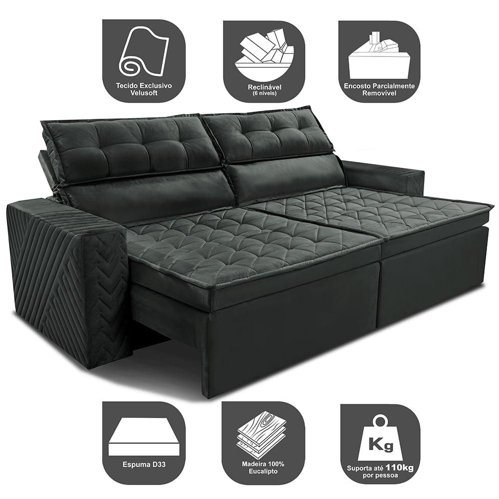 Sofá Retrátil e Reclinável 2,30m Cama inBox Charm Velusoft Cinza