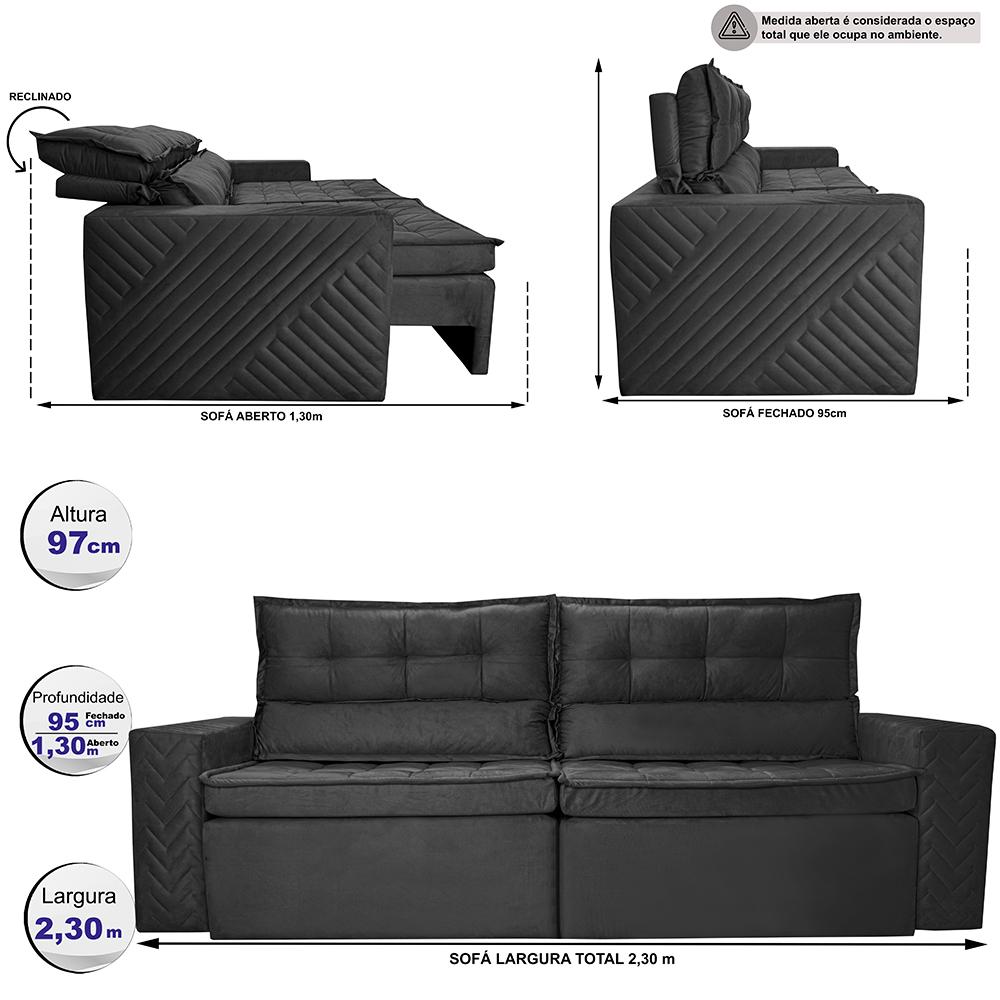 Sofá Retrátil e Reclinável 2,30m Cama inBox Charm Velusoft Preto