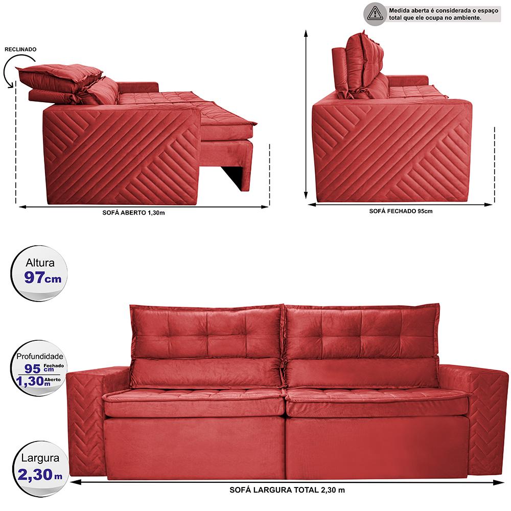 Sofá Retrátil e Reclinável 2,30m Cama inBox Charm Velusoft Vermelho