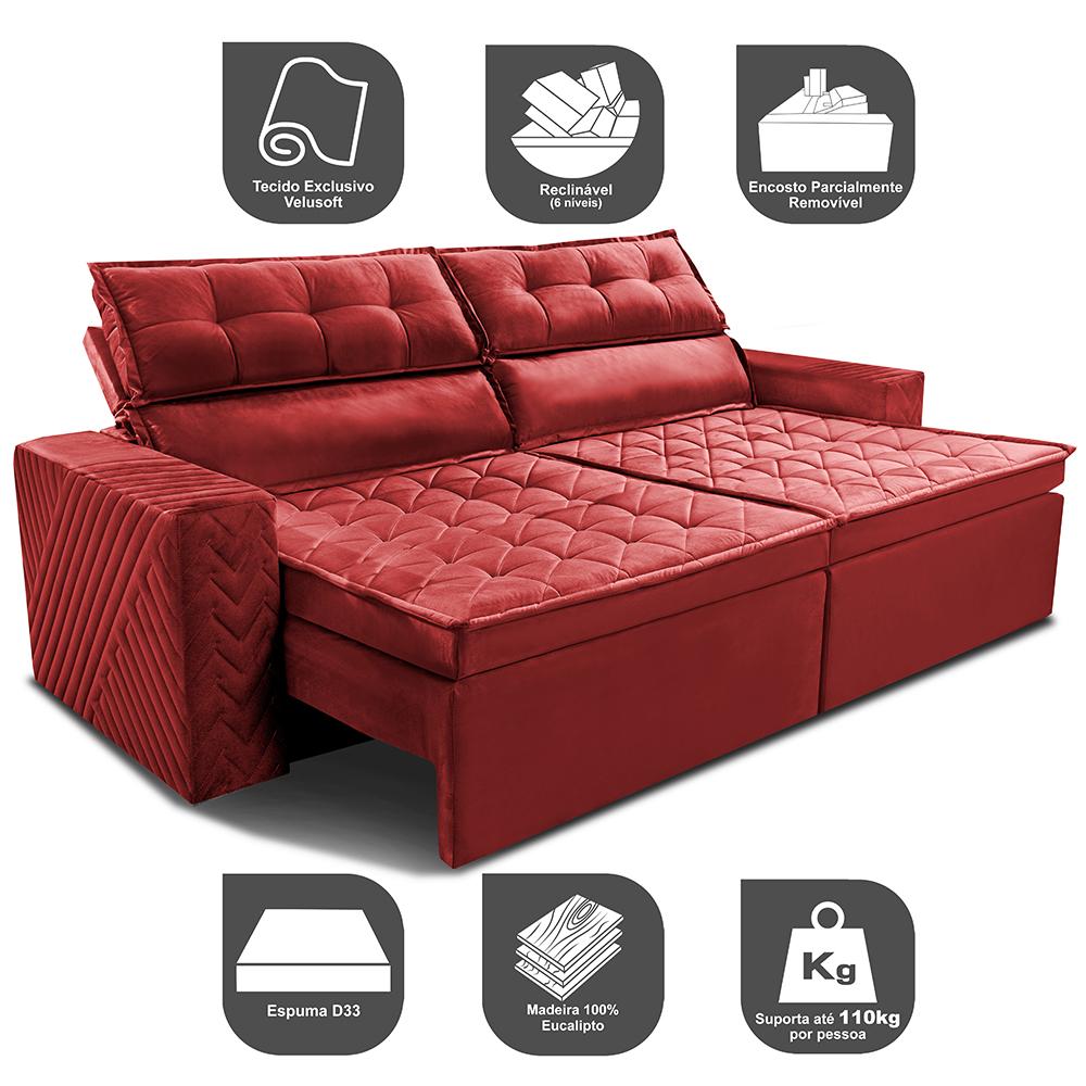 Sofá Retrátil e Reclinável 2,30m Cama inBox Charm Velusoft Vermelho