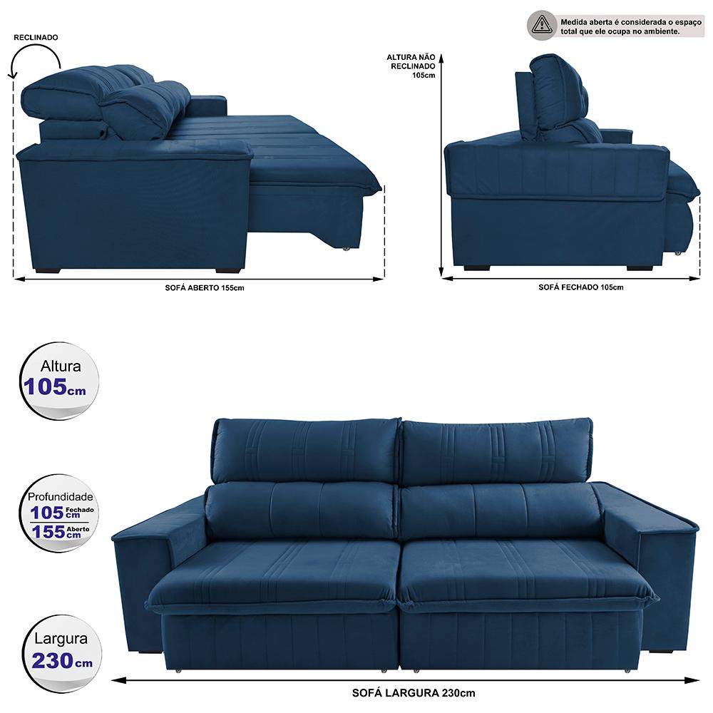 Sofá Retrátil e Reclinável 2,30m Cama inBox Flórida com Molas e Bordado 3D Velusoft Azul