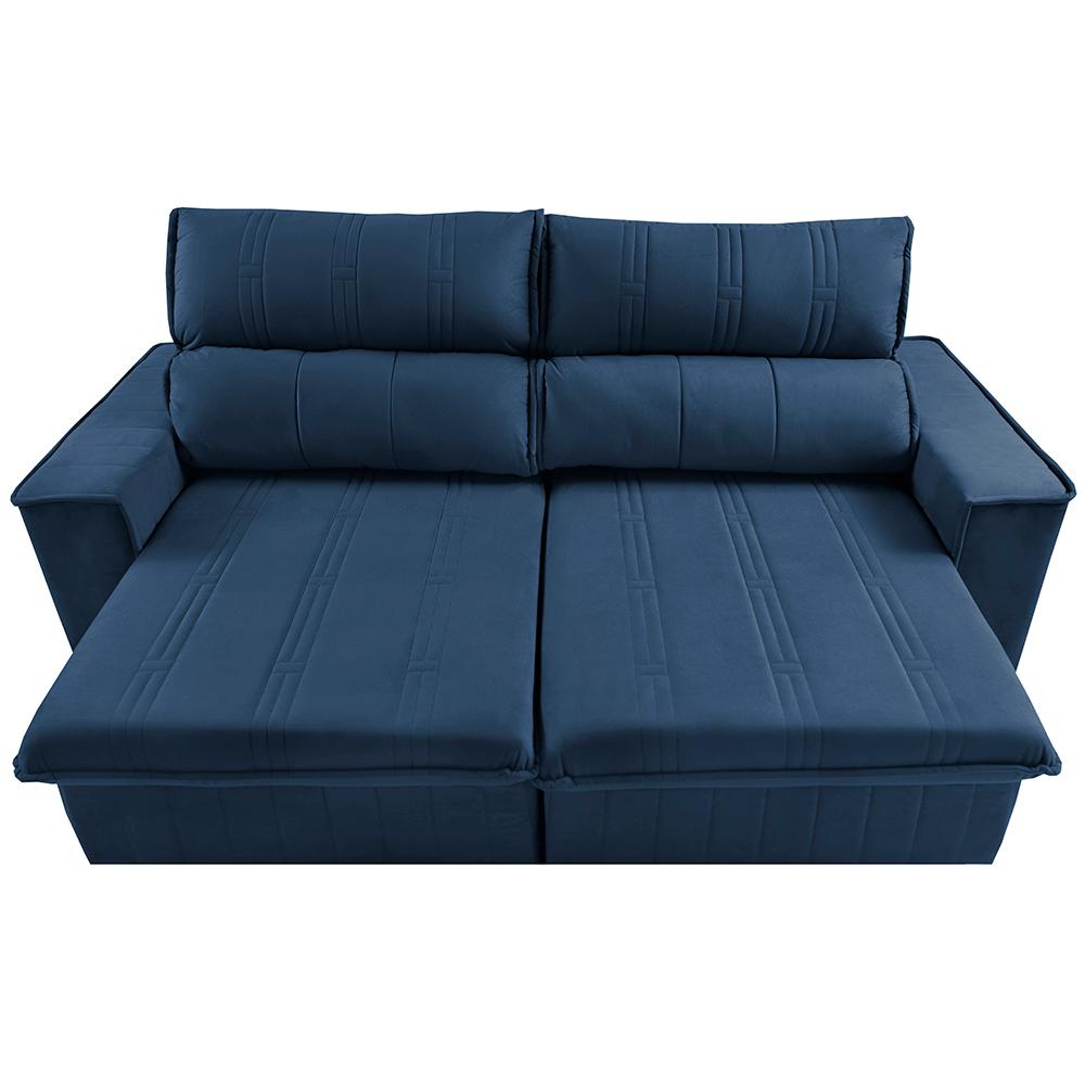Sofá Retrátil e Reclinável 2,30m Cama inBox Flórida com Molas e Bordado 3D Velusoft Azul
