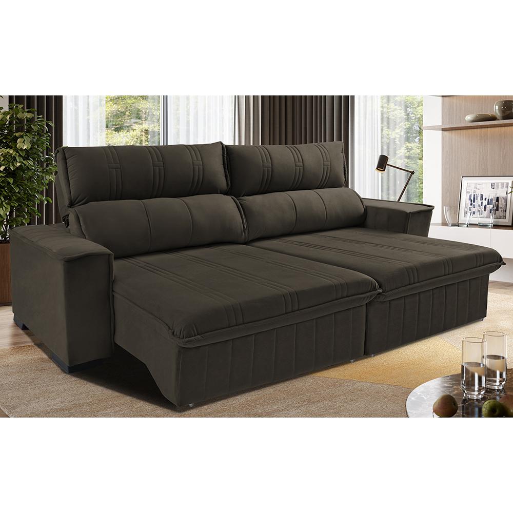 Sofá Retrátil e Reclinável 2,30m Cama inBox Flórida com Molas e Bordado 3D Velusoft Café