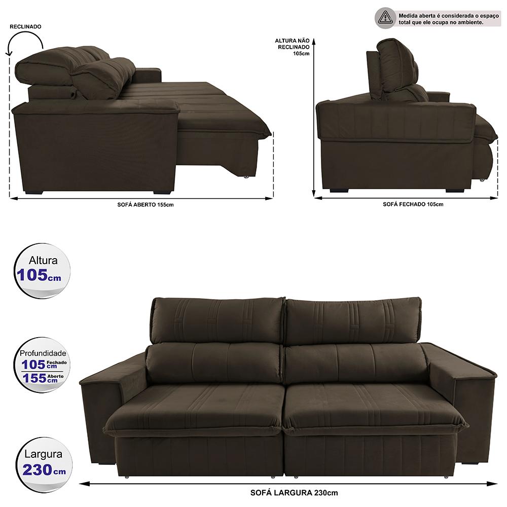 Sofá Retrátil e Reclinável 2,30m Cama inBox Flórida com Molas e Bordado 3D Velusoft Café