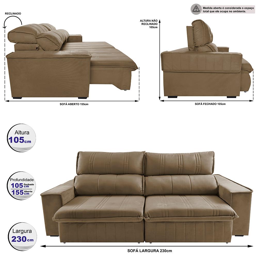Sofá Retrátil e Reclinável 2,30m Cama inBox Flórida com Molas e Bordado 3D Velusoft Castor