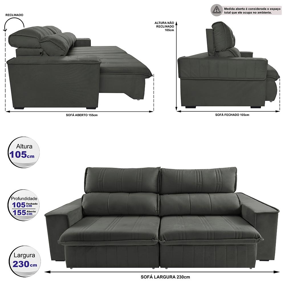 Sofá Retrátil e Reclinável 2,30m Cama inBox Flórida com Molas e Bordado 3D Velusoft Cinza