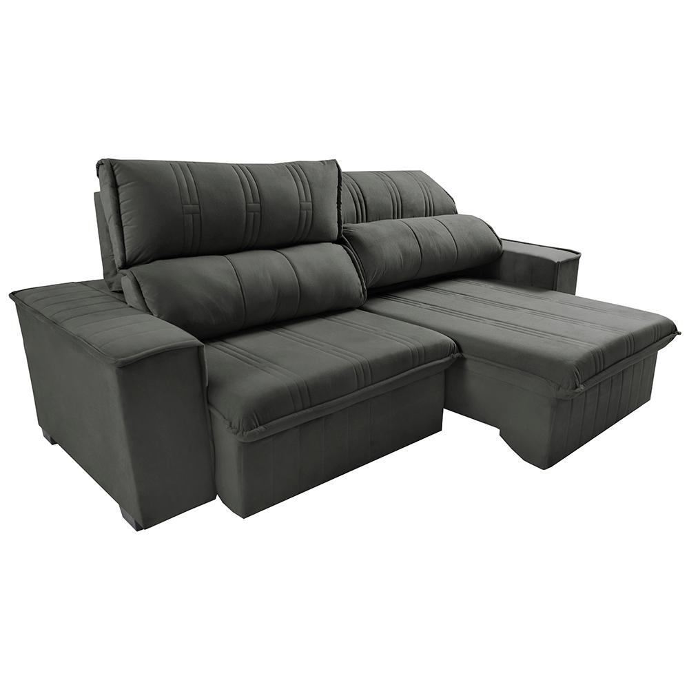 Sofá Retrátil e Reclinável 2,30m Cama inBox Flórida com Molas e Bordado 3D Velusoft Cinza