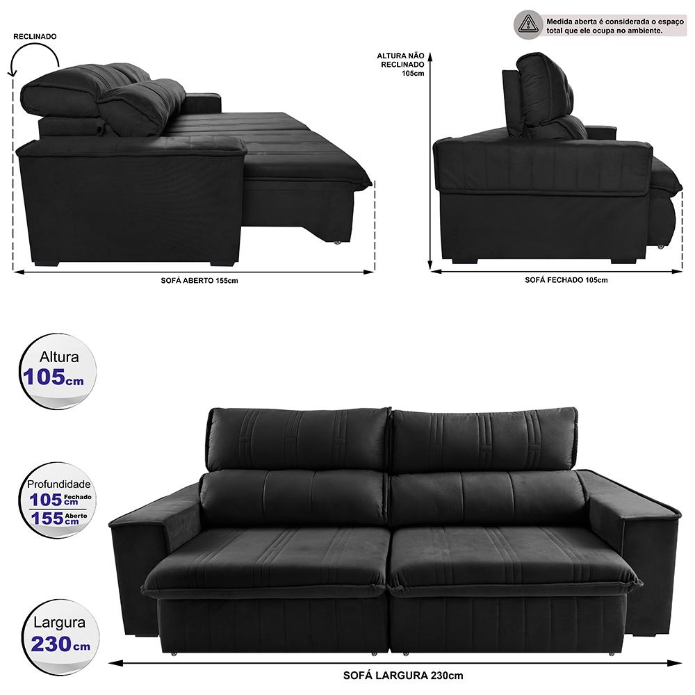 Sofá Retrátil e Reclinável 2,30m Cama inBox Flórida com Molas e Bordado 3D Velusoft Preto