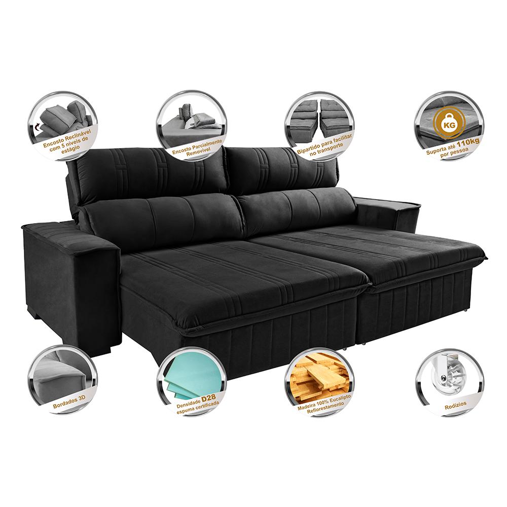 Sofá Retrátil e Reclinável 2,30m Cama inBox Flórida com Molas e Bordado 3D Velusoft Preto