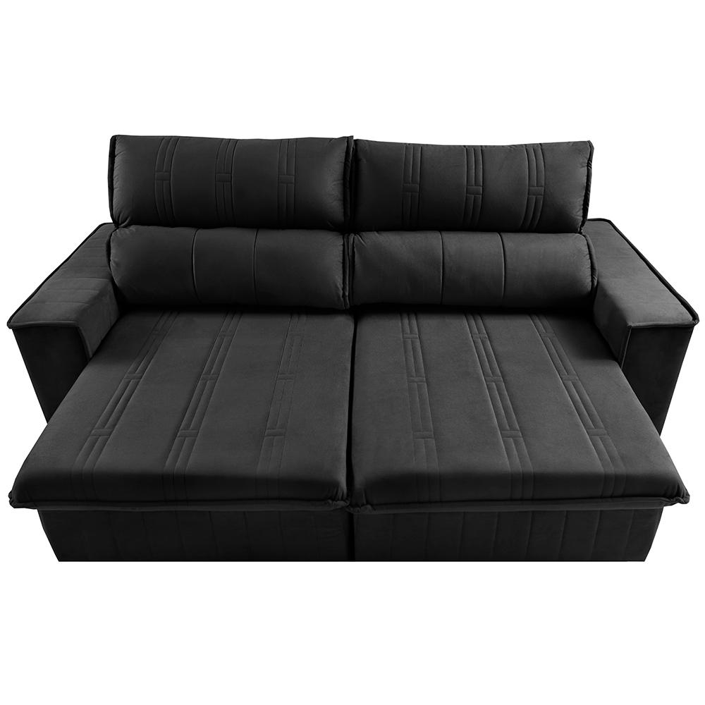 Sofá Retrátil e Reclinável 2,30m Cama inBox Flórida com Molas e Bordado 3D Velusoft Preto