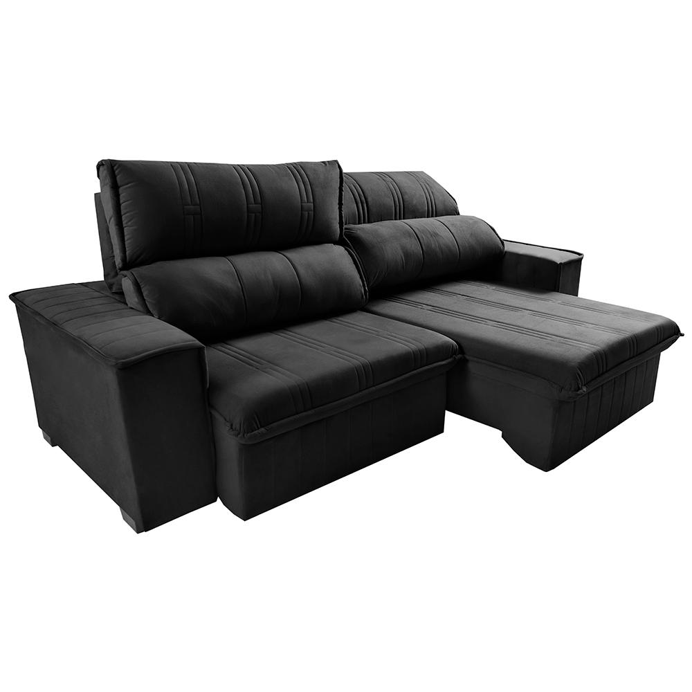 Sofá Retrátil e Reclinável 2,30m Cama inBox Flórida com Molas e Bordado 3D Velusoft Preto