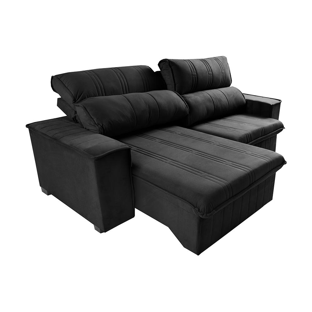 Sofá Retrátil e Reclinável 2,30m Cama inBox Flórida com Molas e Bordado 3D Velusoft Preto