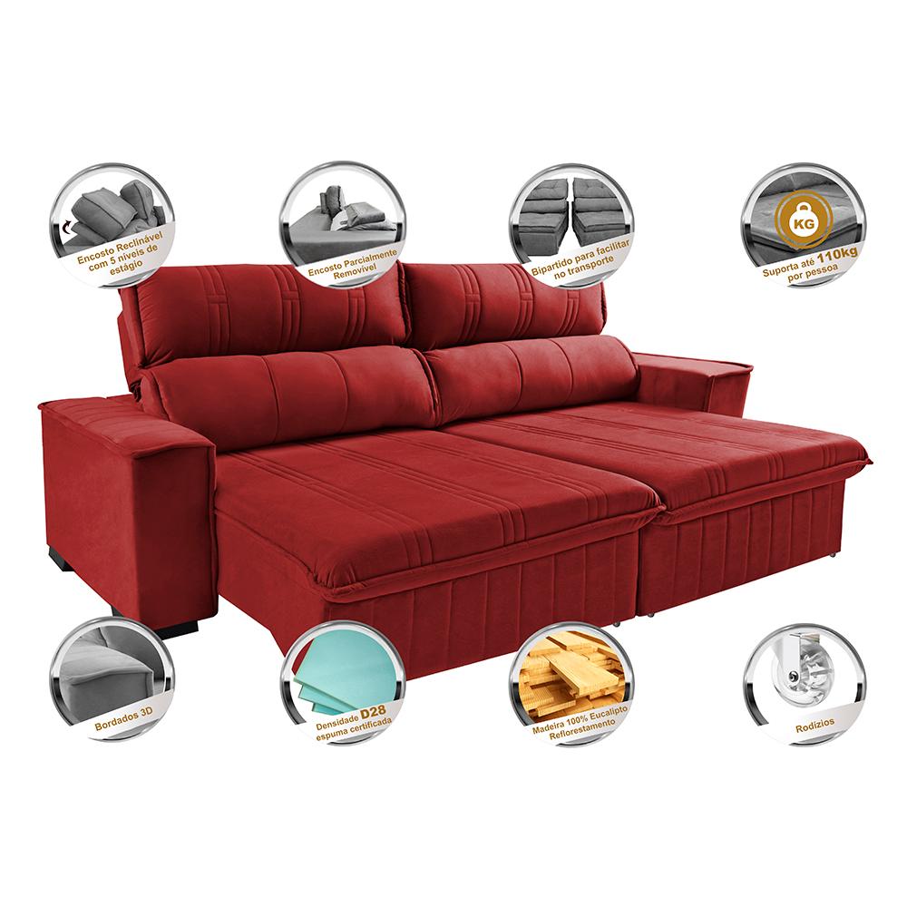 Sofá Retrátil e Reclinável 2,30m Cama inBox Flórida com Molas e Bordado 3D Velusoft Vermelho