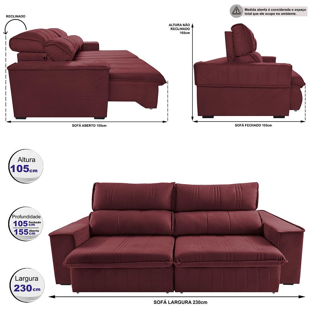 Sofá Retrátil e Reclinável 2,30m Cama inBox Flórida com Molas e Bordado 3D Velusoft Vinho