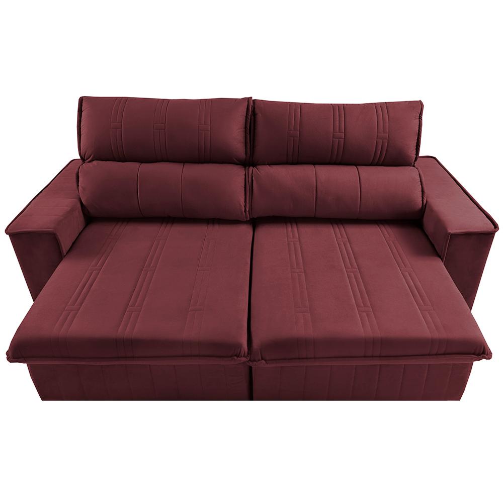Sofá Retrátil e Reclinável 2,30m Cama inBox Flórida com Molas e Bordado 3D Velusoft Vinho