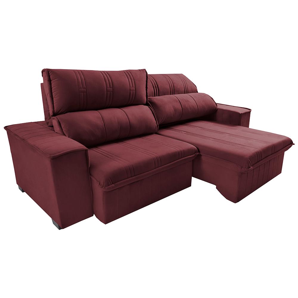 Sofá Retrátil e Reclinável 2,30m Cama inBox Flórida com Molas e Bordado 3D Velusoft Vinho