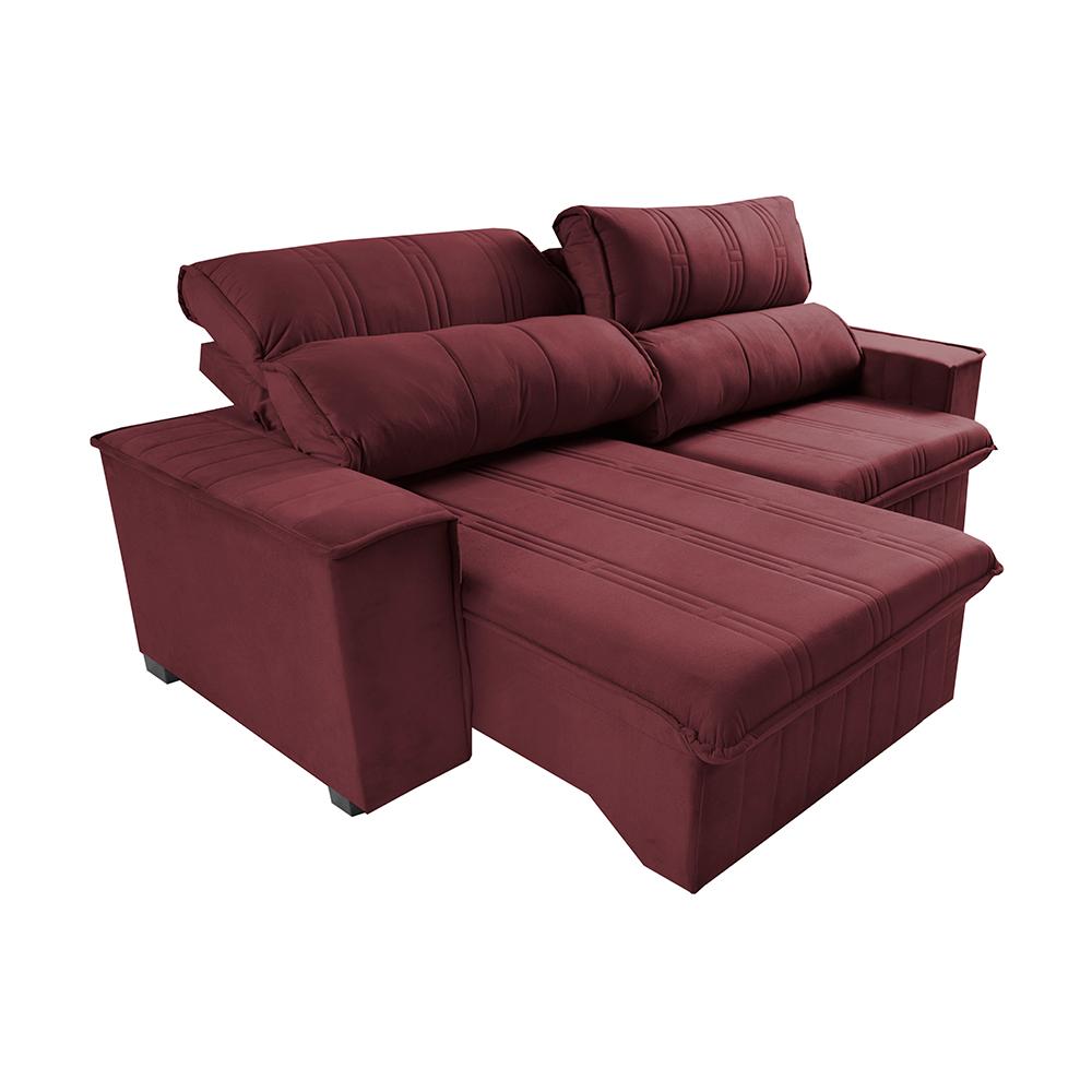 Sofá Retrátil e Reclinável 2,30m Cama inBox Flórida com Molas e Bordado 3D Velusoft Vinho