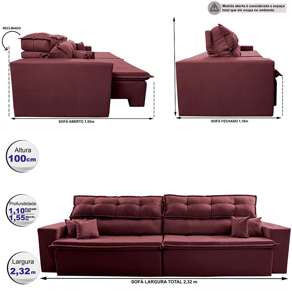 Sofá Retrátil e Reclinável 2,32m Luxos Cama inBox Velusoft Vinho