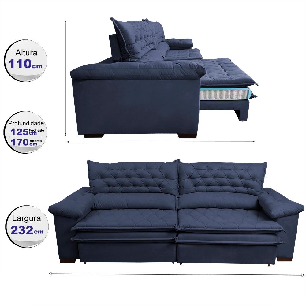 Sofá Retrátil e Reclinável 2,32m Molas Ensacadas Cama inBox Alemanha de Viscoelástico Velusoft Azul