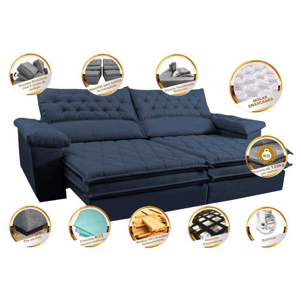 Sofá Retrátil e Reclinável 2,32m Molas Ensacadas Cama inBox Alemanha de Viscoelástico Velusoft Azul