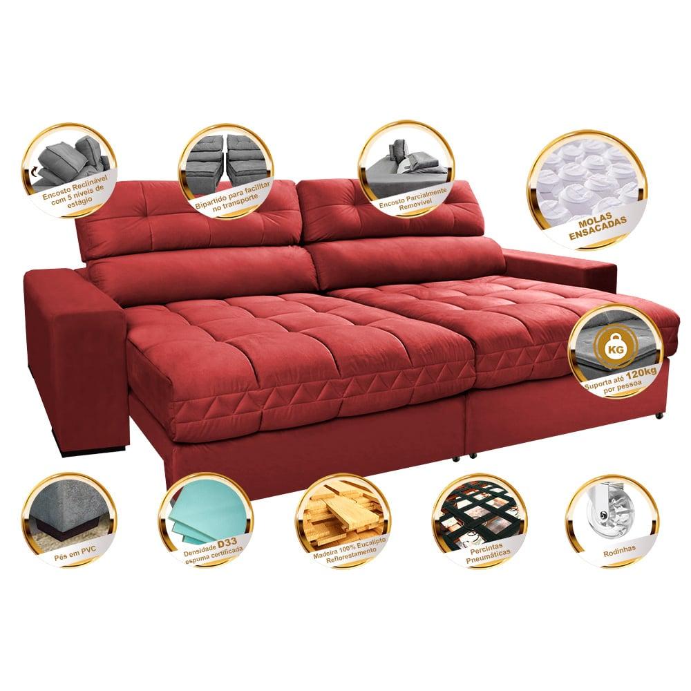 Sofá Retrátil e Reclinável 2,32m Molas Ensacadas Cama inBox Brasil Velusoft Vermelho