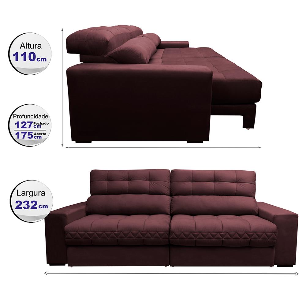 Sofá Retrátil e Reclinável 2,32m Molas Ensacadas Cama inBox Brasil Velusoft Vinho