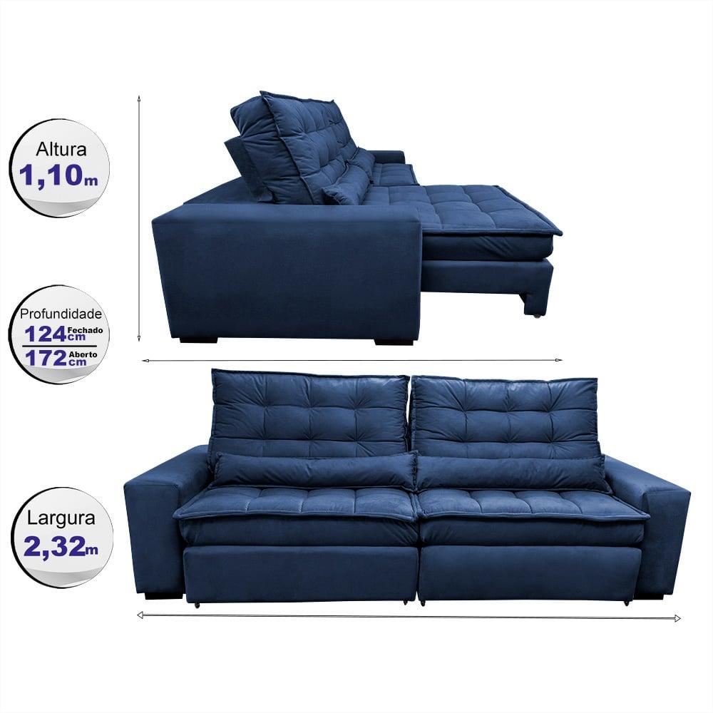 Sofá Retrátil e Reclinável 2,32m Molas Ensacadas Cama inBox Catar Velusoft Azul