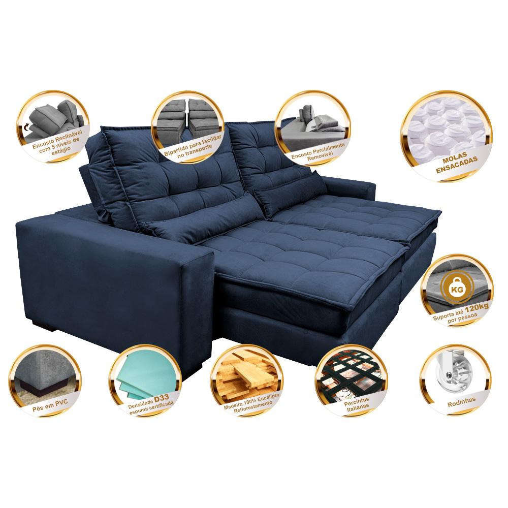 Sofá Retrátil e Reclinável 2,32m Molas Ensacadas Cama inBox Catar Velusoft Azul