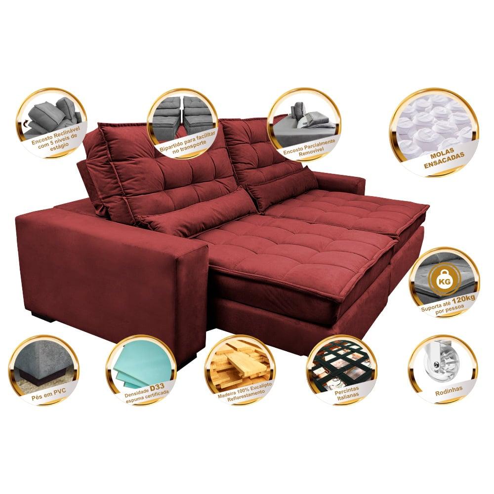 Sofá Retrátil e Reclinável 2,32m Molas Ensacadas Cama inBox Catar Velusoft Vermelho