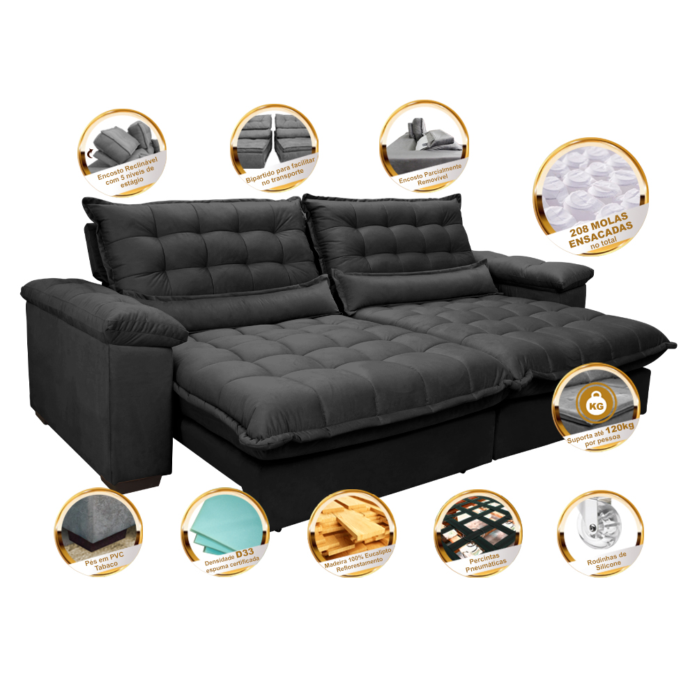 Sofá Retrátil e Reclinável 2,32m com Molas Ensacadas Cama inBox Aconchego Tecido Suede Preto