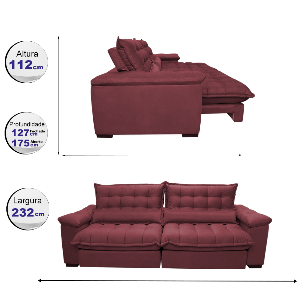 Sofá Retrátil e Reclinável 2,32m com Molas Ensacadas Cama inBox Aconchego Tecido Suede Vinho