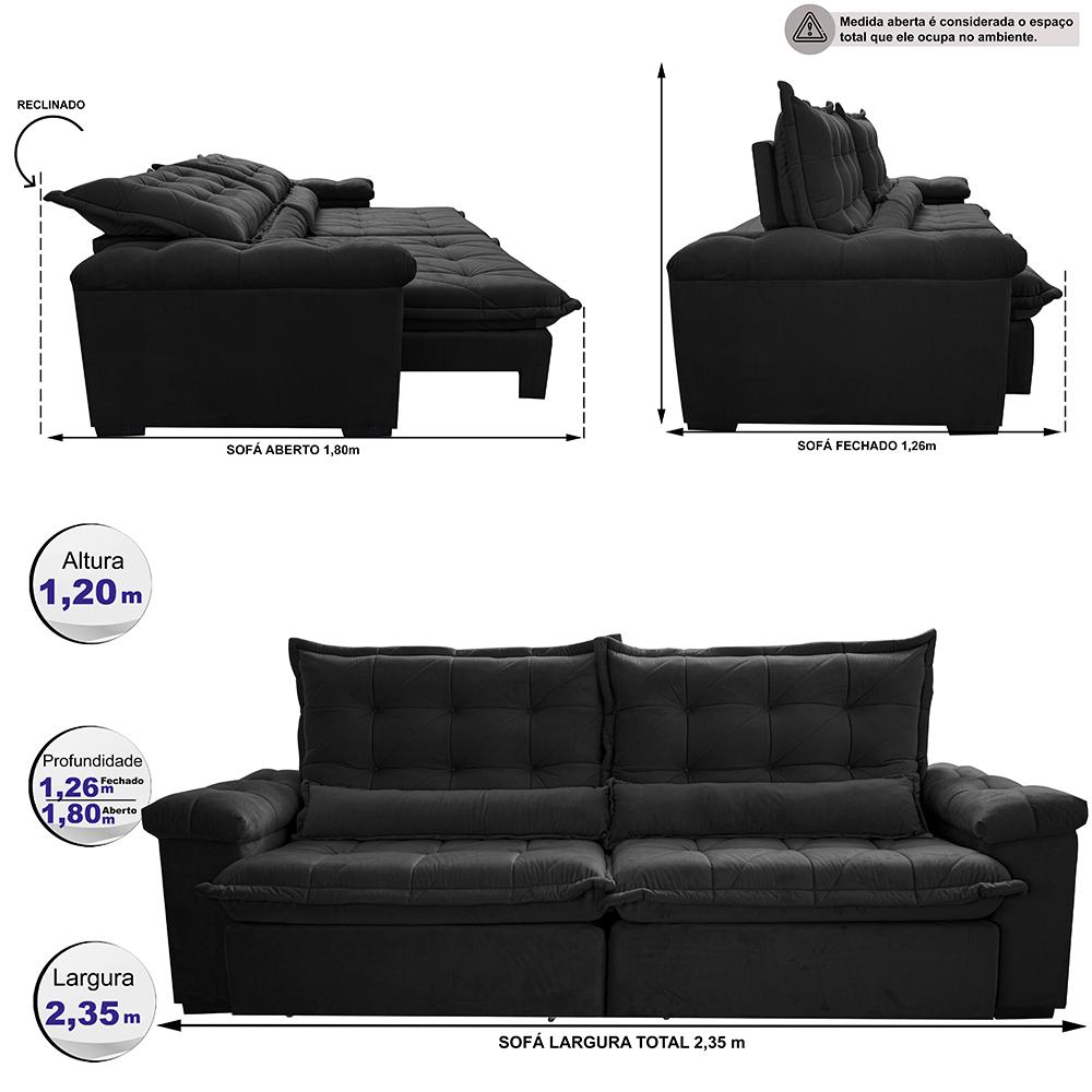 Sofá Retrátil e Reclinável 2,35m Cama inBox Big Fresh com SoftGel D40 Velupluma Preto