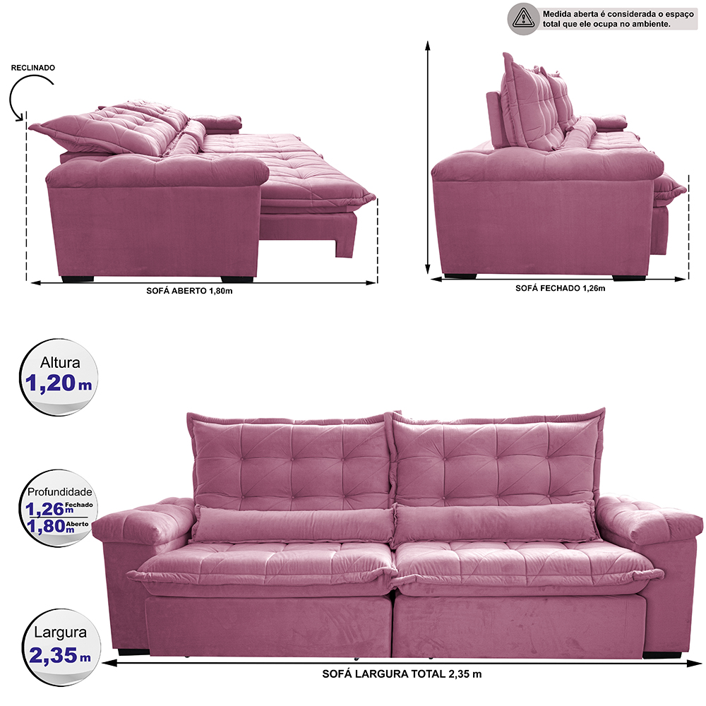 Sofá Retrátil e Reclinável 2,35m Cama inBox Big Fresh com SoftGel D40 Velupluma Rose