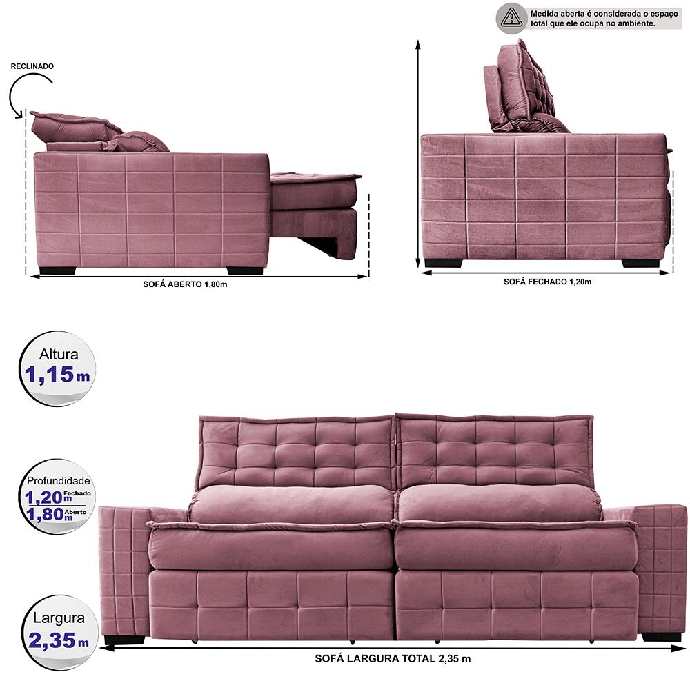 Sofá Retrátil e Reclinável 2,35m Cama inBox Big Puffer com SoftGel D40 Velupluma Rose