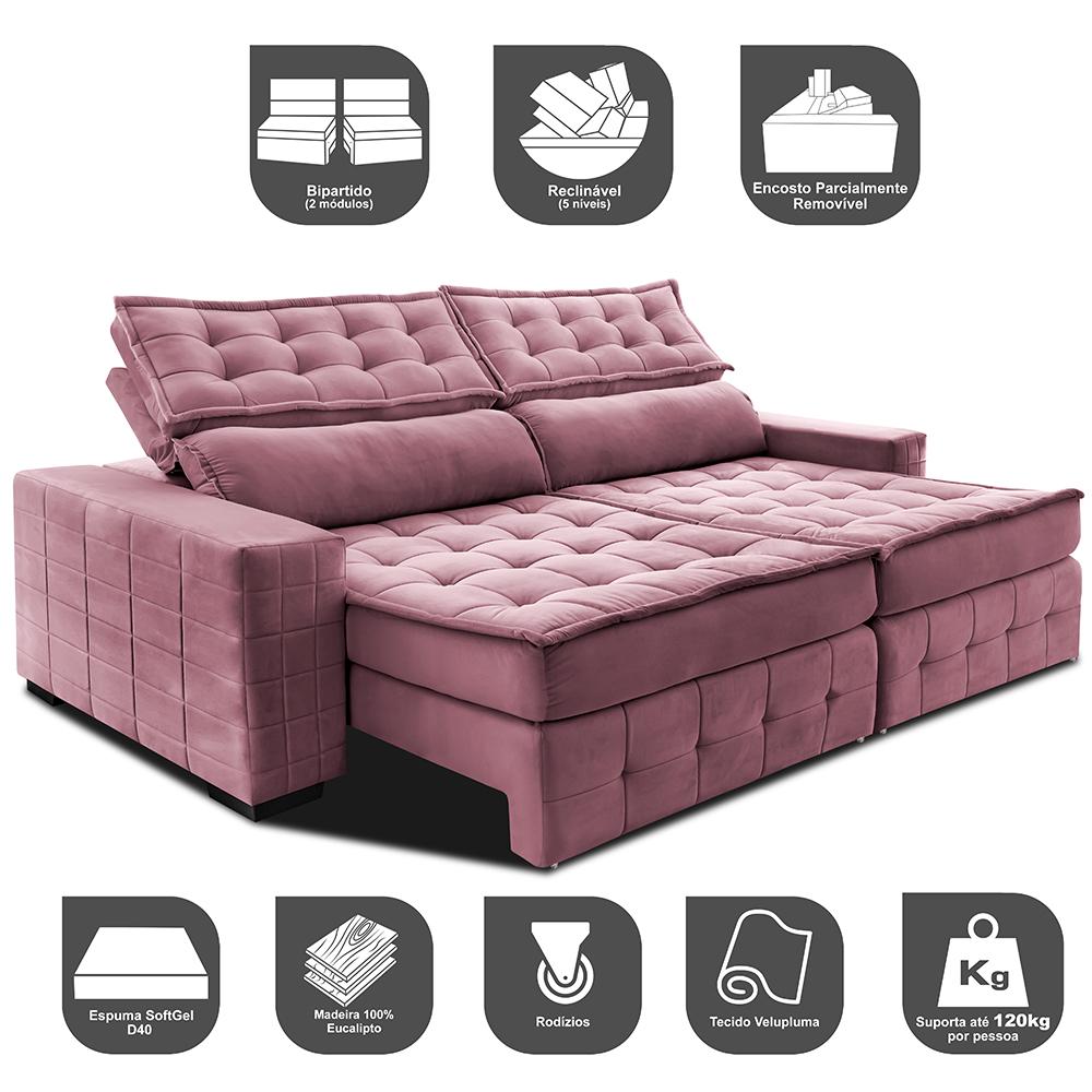 Sofá Retrátil e Reclinável 2,35m Cama inBox Big Puffer com SoftGel D40 Velupluma Rose