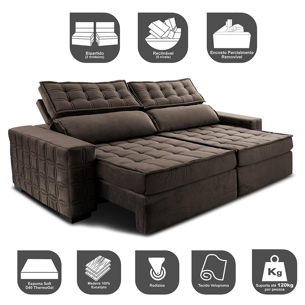 Sofá Retrátil e Reclinável 2,35m Cama inBox Big Star com SoftGel D40 Velupluma Café